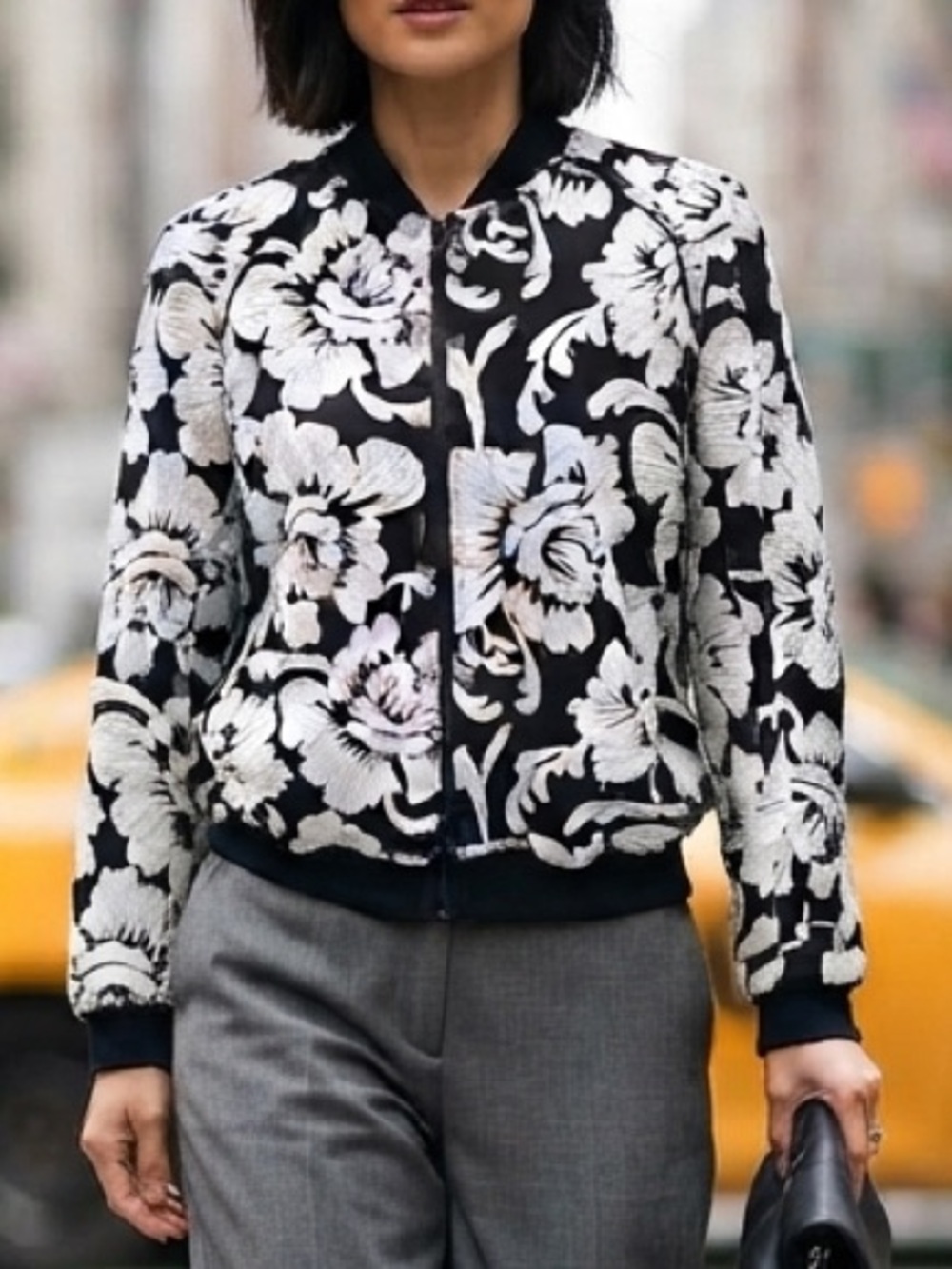 Black & White Floral Sequin Embroidered Bomber M INC Intrenl Concepts Boho Chic